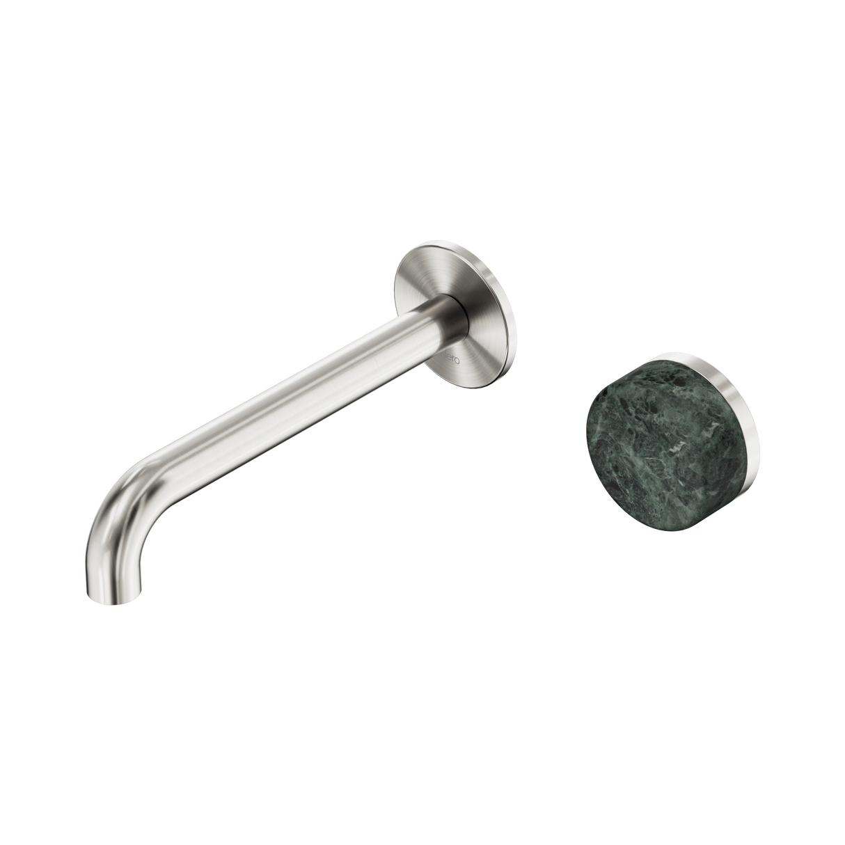 An image of Nero Tapware's Serenity Progressive Wall Basin Mixer 185mm Spout With Verde Alpi Handle Brushed Nickel
