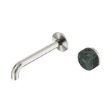An image of Nero Tapware's Serenity Progressive Wall Basin Mixer 185mm Spout With Verde Alpi Handle Brushed Nickel