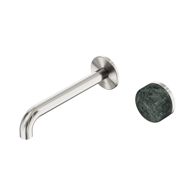 An image of Nero Tapware's Serenity Progressive Wall Basin Mixer 185mm Spout With Verde Alpi Handle Brushed Nickel