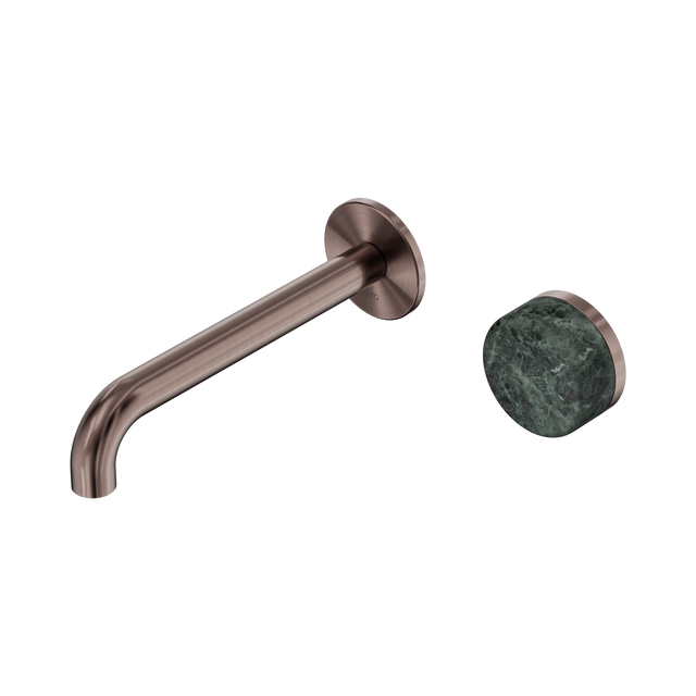 An image of Nero Tapware's Serenity Progressive Wall Basin Mixer 185mm Spout With Verde Alpi Handle Brushed Bronze