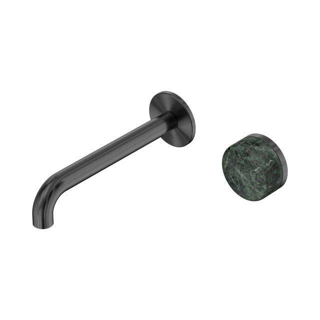 An image of Nero Tapware's Serenity Progressive Wall Basin Mixer 185mm Spout With Verde Alpi Handle Gun Metal