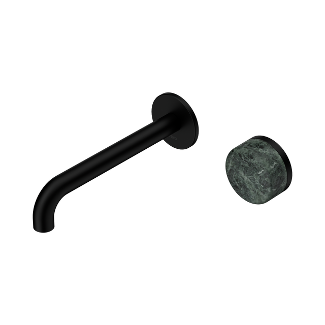 An image of Nero Tapware's Serenity Progressive Wall Basin Mixer 185mm Spout With Verde Alpi Handle Matt Black