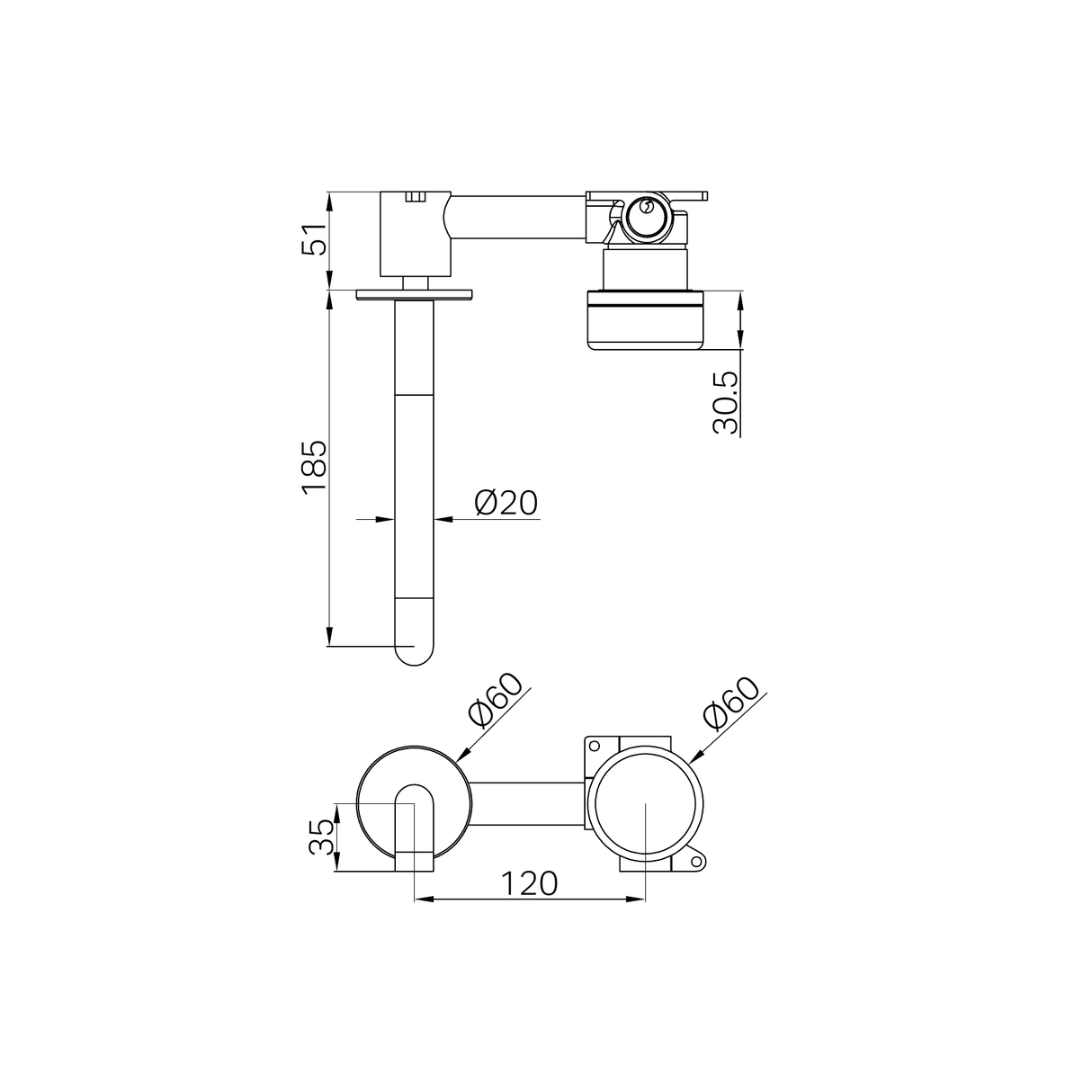 A line drawing of Nero Tapware's Serenity Progressive Wall Basin Mixer 185mm Spout With Verde Alpi Handle Chrome