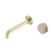 An image of Nero Tapware's Serenity Progressive Wall Basin Mixer 185mm Spout With Rome Travertine Handle Brushed Gold