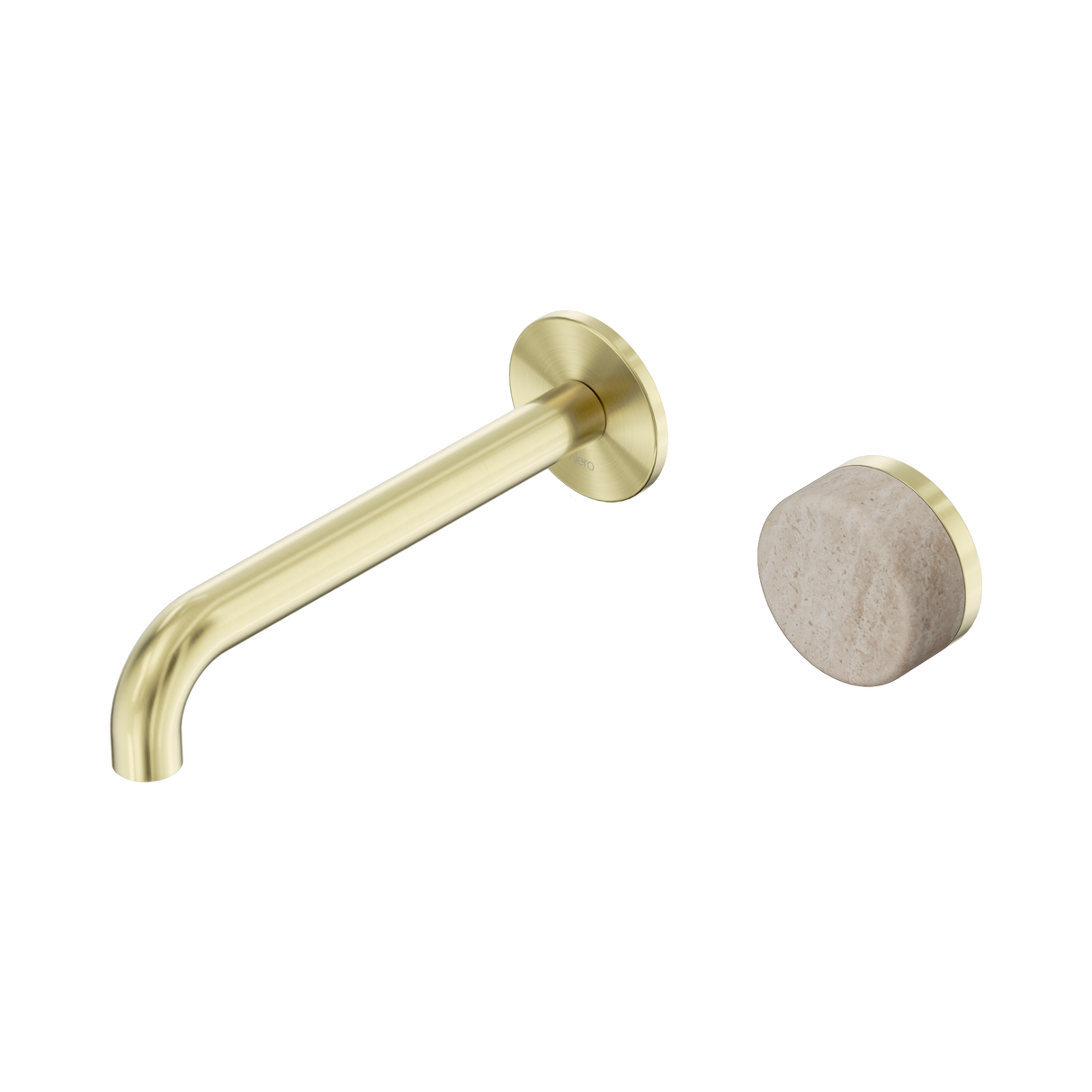An image of Nero Tapware's Serenity Progressive Wall Basin Mixer 185mm Spout With Rome Travertine Handle Brushed Gold