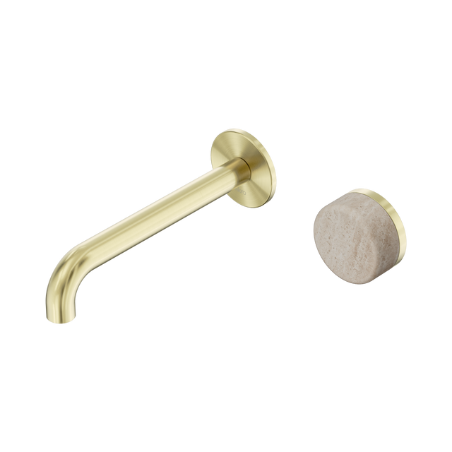An image of Nero Tapware's Serenity Progressive Wall Basin Mixer 185mm Spout With Rome Travertine Handle Brushed Gold