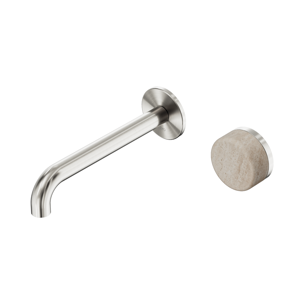 An image of Nero Tapware's Serenity Progressive Wall Basin Mixer 185mm Spout With Rome Travertine Handle Brushed Nickel
