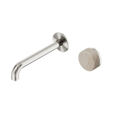 An image of Nero Tapware's Serenity Progressive Wall Basin Mixer 185mm Spout With Rome Travertine Handle Brushed Nickel