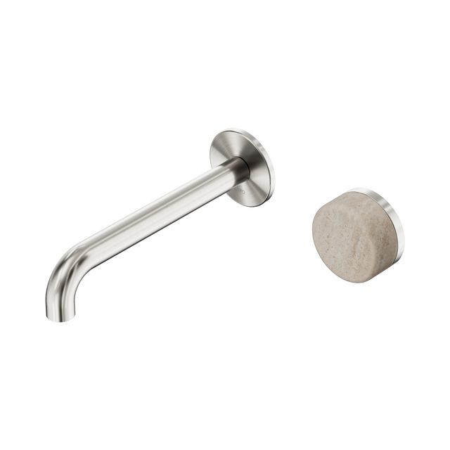 An image of Nero Tapware's Serenity Progressive Wall Basin Mixer 185mm Spout With Rome Travertine Handle Brushed Nickel