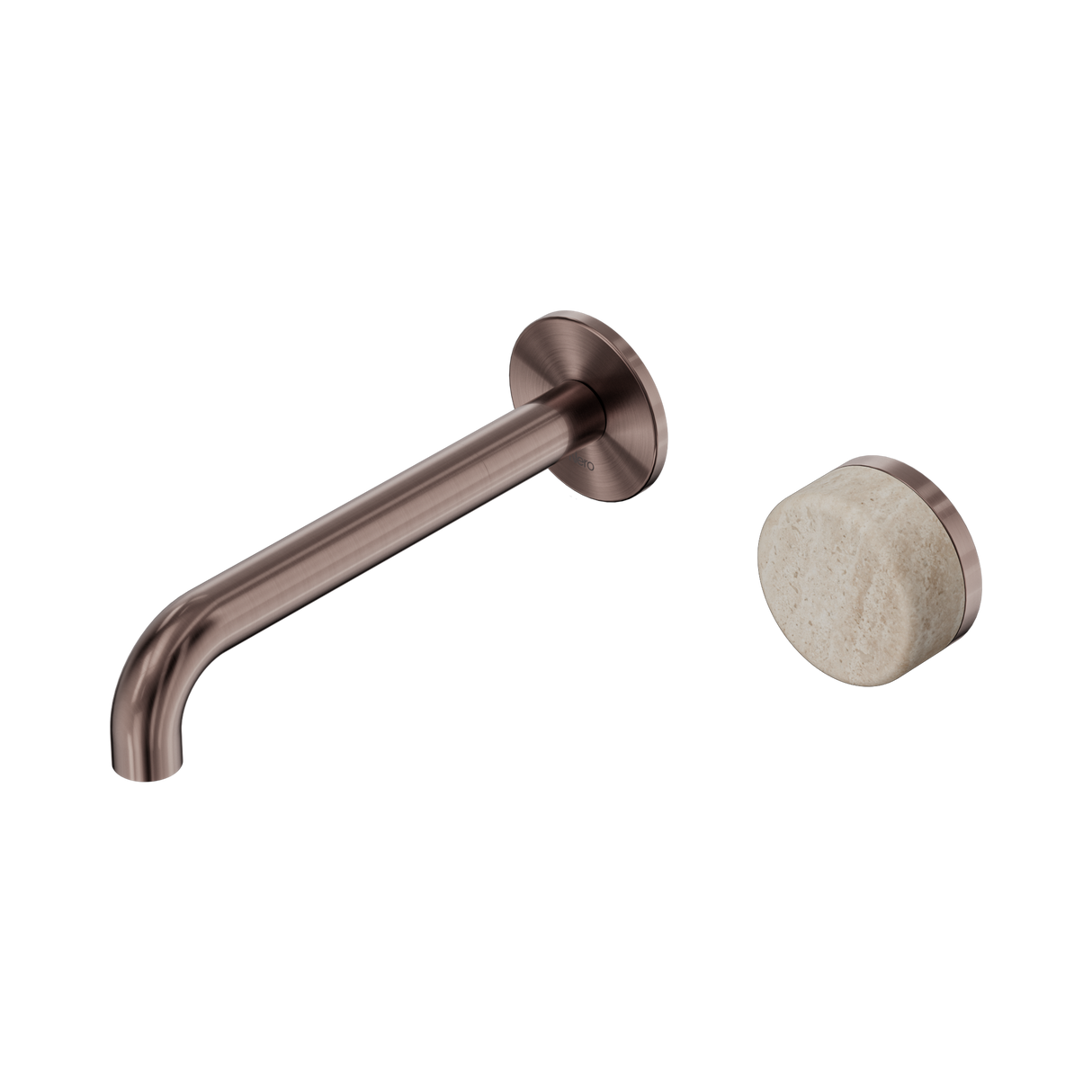 An image of Nero Tapware's Serenity Progressive Wall Basin Mixer 185mm Spout With Rome Travertine Handle Brushed Bronze