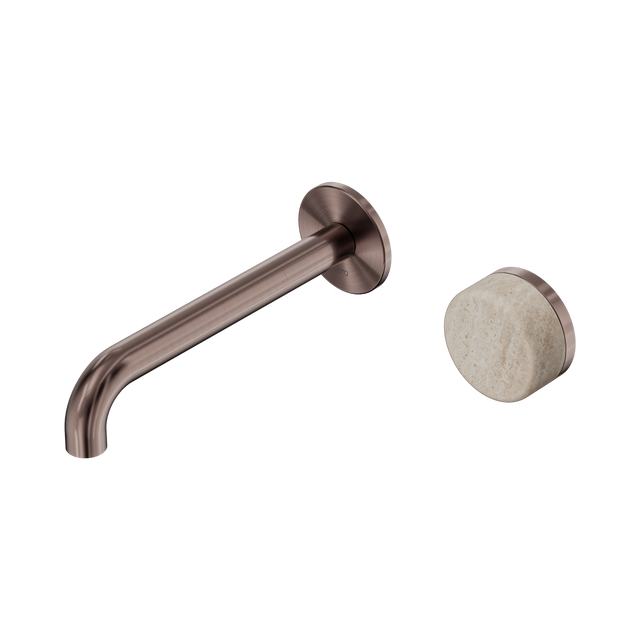 An image of Nero Tapware's Serenity Progressive Wall Basin Mixer 185mm Spout With Rome Travertine Handle Brushed Bronze