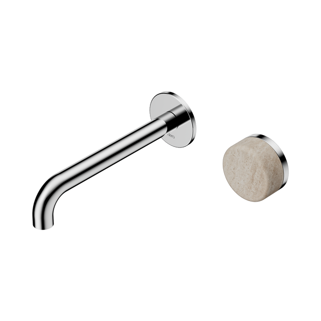 An image of Nero Tapware's Serenity Progressive Wall Basin Mixer 185mm Spout With Rome Travertine Handle Chrome