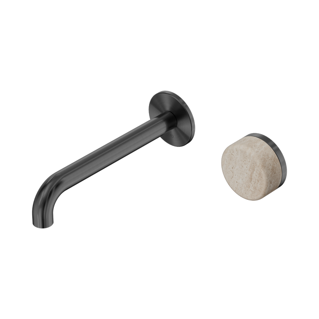 An image of Nero Tapware's Serenity Progressive Wall Basin Mixer 185mm Spout With Rome Travertine Handle Gun Metal