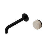 An image of Nero Tapware's Serenity Progressive Wall Basin Mixer 185mm Spout With Rome Travertine Handle Matt Black