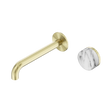 An image of Nero Tapware's Serenity Progressive Wall Basin Mixer 185mm Spout With Arabescato Corchia Handle Brushed Gold