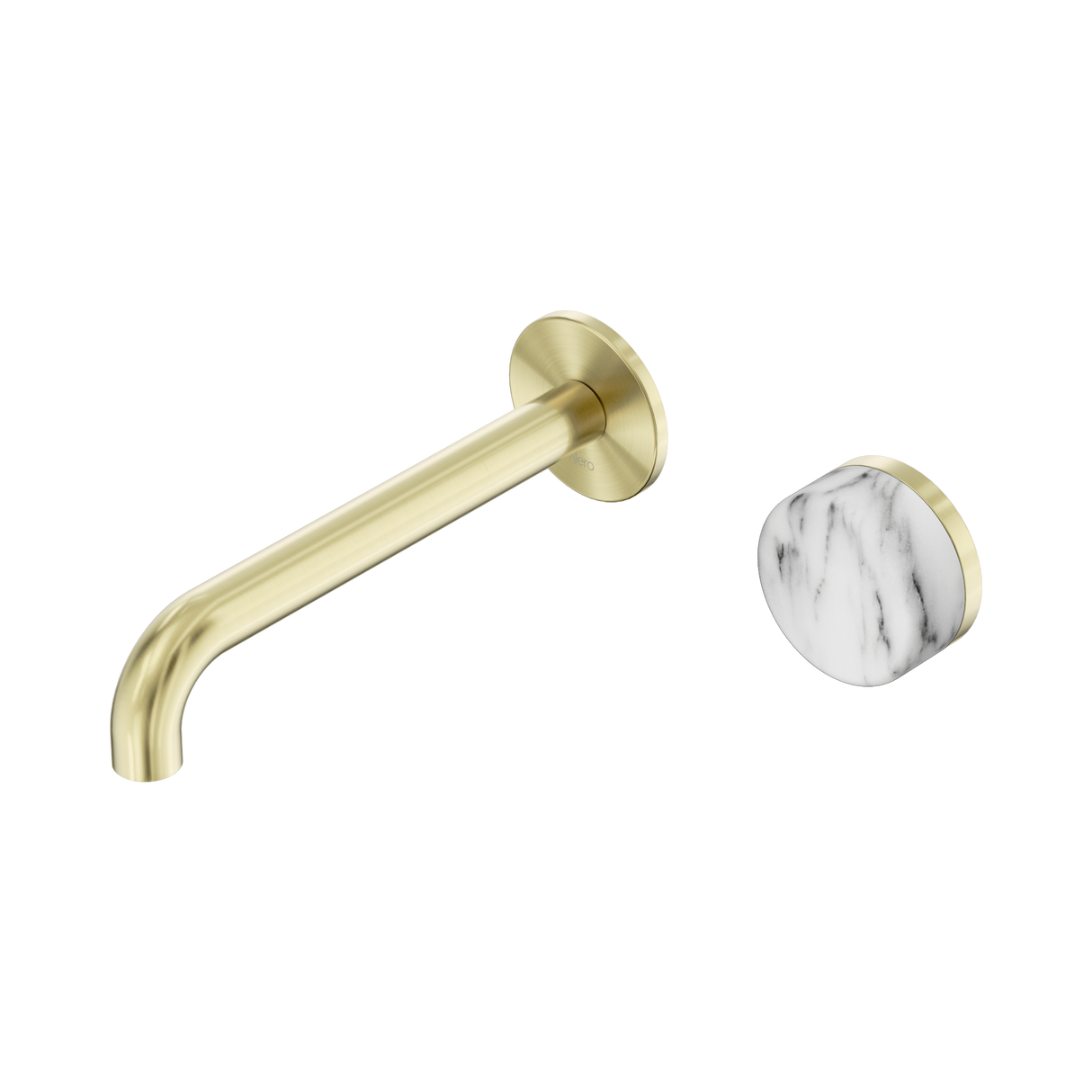 An image of Nero Tapware's Serenity Progressive Wall Basin Mixer 185mm Spout With Arabescato Corchia Handle Brushed Gold