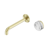 An image of Nero Tapware's Serenity Progressive Wall Basin Mixer 185mm Spout With Arabescato Corchia Handle Brushed Gold