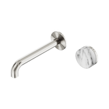 An image of Nero Tapware's Serenity Progressive Wall Basin Mixer 185mm Spout With Arabescato Corchia Handle Brushed Nickel