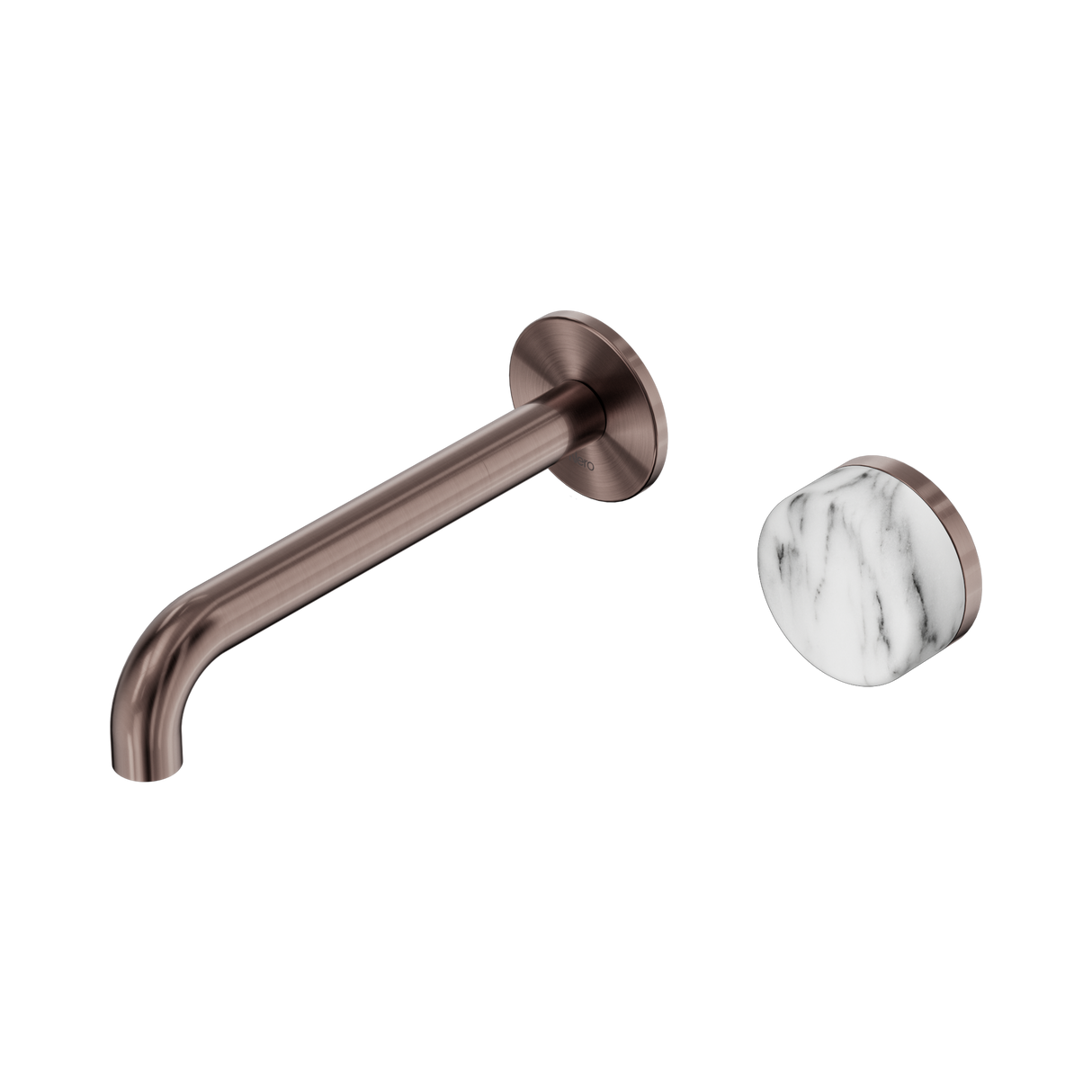 An image of Nero Tapware's Serenity Progressive Wall Basin Mixer 185mm Spout With Arabescato Corchia Handle Brushed Bronze