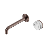 An image of Nero Tapware's Serenity Progressive Wall Basin Mixer 185mm Spout With Arabescato Corchia Handle Brushed Bronze