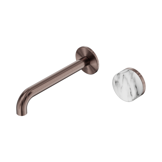 An image of Nero Tapware's Serenity Progressive Wall Basin Mixer 185mm Spout With Arabescato Corchia Handle Brushed Bronze