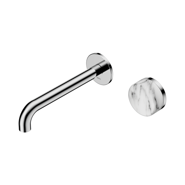 An image of Nero Tapware's Serenity Progressive Wall Basin Mixer 185mm Spout With Arabescato Corchia Handle Chrome