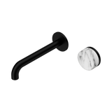 An image of Nero Tapware's Serenity Progressive Wall Basin Mixer 185mm Spout With Arabescato Corchia Handle Matt Black