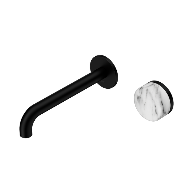 An image of Nero Tapware's Serenity Progressive Wall Basin Mixer 185mm Spout With Arabescato Corchia Handle Matt Black
