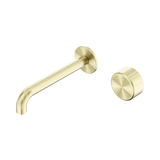 An image of Nero Tapware's Serenity Progressive Wall Basin Mixer 185mm Spout With Metal Handle Brushed Gold