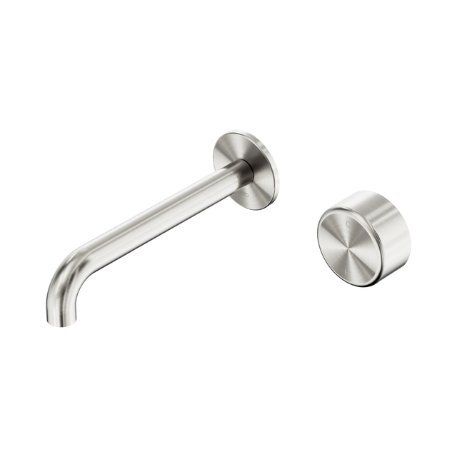An image of Nero Tapware's Serenity Progressive Wall Basin Mixer 185mm Spout With Metal Handle Brushed Nickel