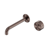 An image of Nero Tapware's Serenity Progressive Wall Basin Mixer 185mm Spout With Metal Handle Brushed Bronze