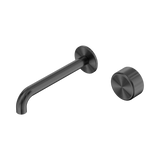 An image of Nero Tapware's Serenity Progressive Wall Basin Mixer 185mm Spout With Metal Handle Gun Metal