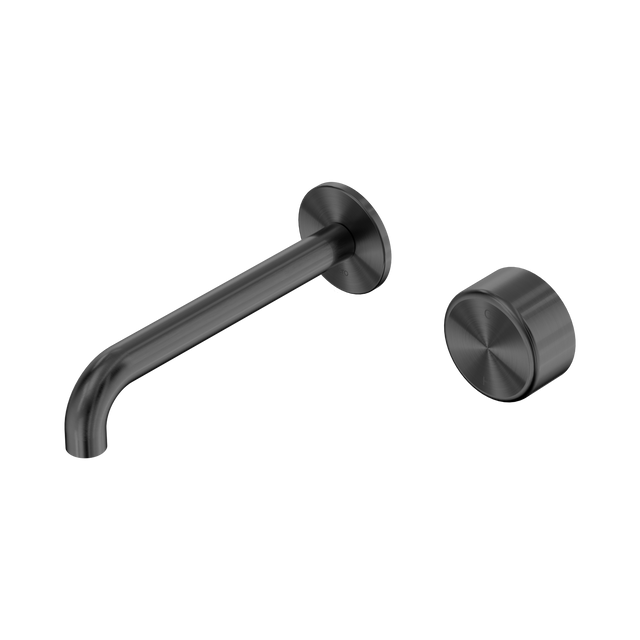 An image of Nero Tapware's Serenity Progressive Wall Basin Mixer 185mm Spout With Metal Handle Gun Metal