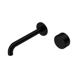 An image of Nero Tapware's Serenity Progressive Wall Basin Mixer 185mm Spout With Metal Handle Matt Black