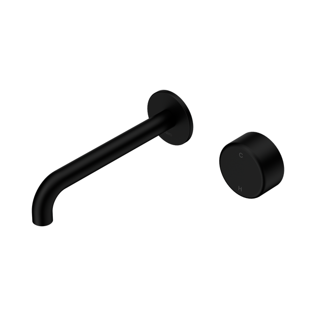 An image of Nero Tapware's Serenity Progressive Wall Basin Mixer 185mm Spout With Metal Handle Matt Black