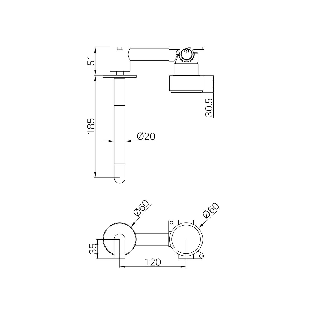 A line drawing of Nero Tapware's Serenity Progressive Wall Basin Mixer 185mm Spout With Metal Handle Brushed Nickel