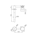 A line drawing of Nero Tapware's Serenity Progressive Wall Basin Mixer 185mm Spout With Metal Handle Brushed Nickel