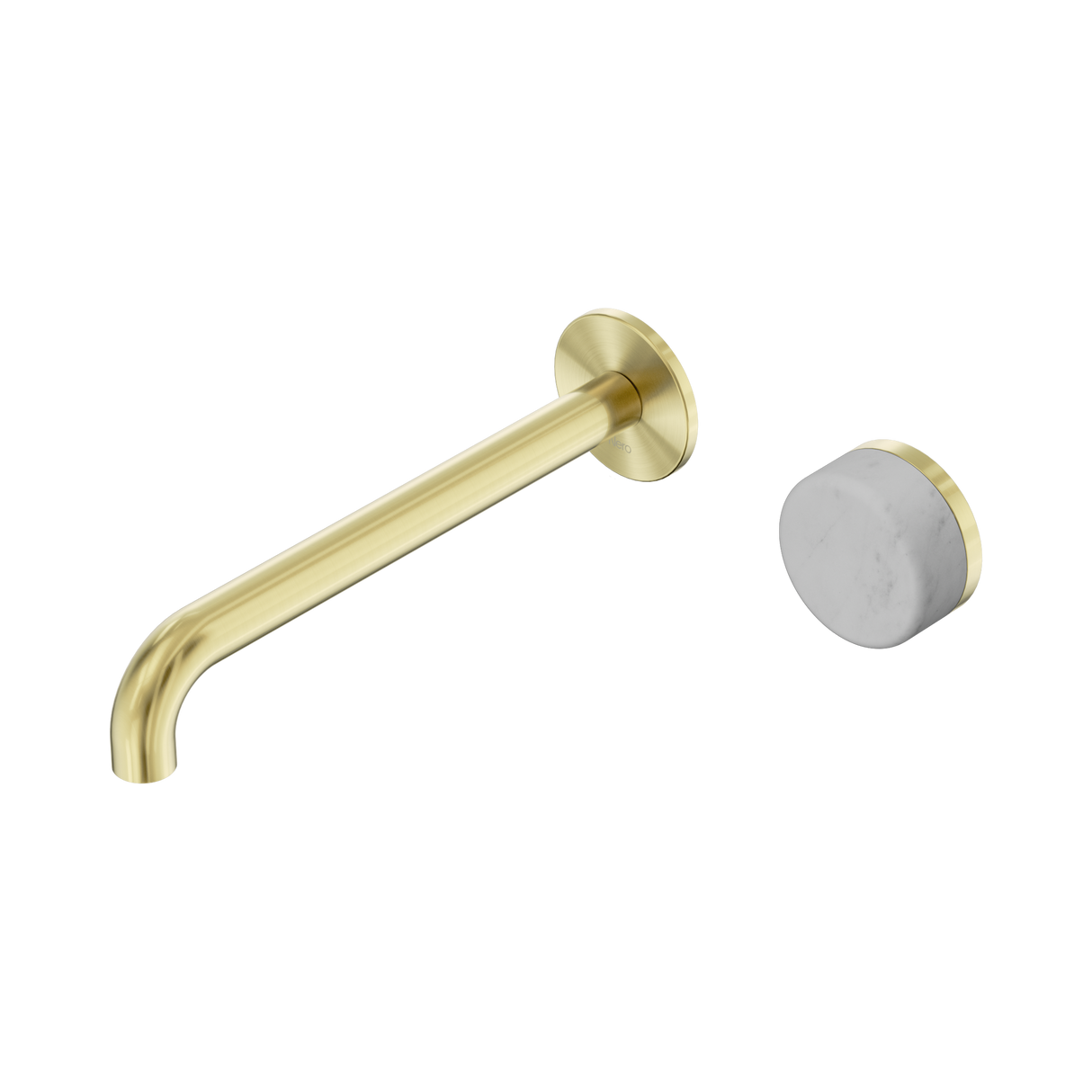 An image of Nero Tapware's Serenity Progressive Wall Basin Mixer 220mm Spout With Carrara Handle Brushed Gold