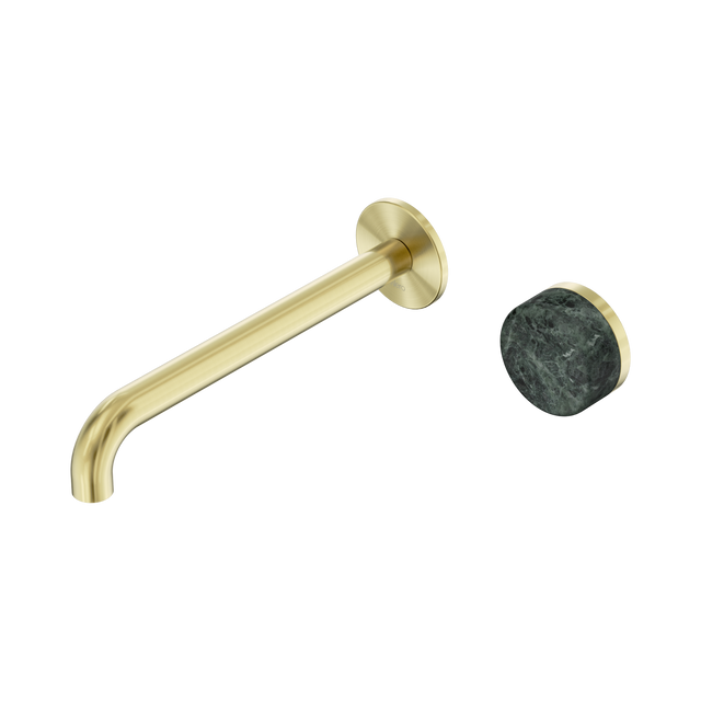 An image of Nero Tapware's Serenity Progressive Wall Basin Mixer 220mm Spout With Verde Alpi Handle Brushed Gold
