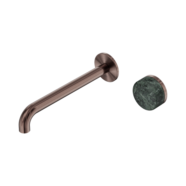 An image of Nero Tapware's Serenity Progressive Wall Basin Mixer 220mm Spout With Verde Alpi Handle Brushed Bronze
