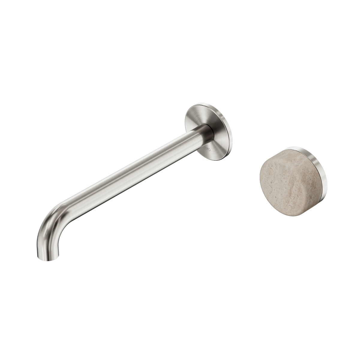 An image of Nero Tapware's Serenity Progressive Wall Basin Mixer 220mm Spout With Rome Travertine Handle Brushed Nickel