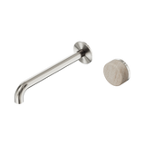 An image of Nero Tapware's Serenity Progressive Wall Basin Mixer 220mm Spout With Rome Travertine Handle Brushed Nickel