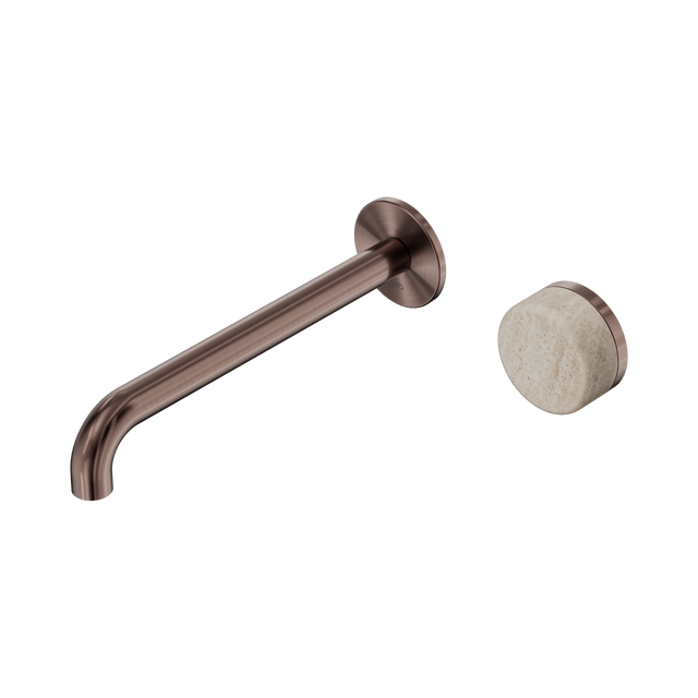 An image of Nero Tapware's Serenity Progressive Wall Basin Mixer 220mm Spout With Rome Travertine Handle Brushed Bronze