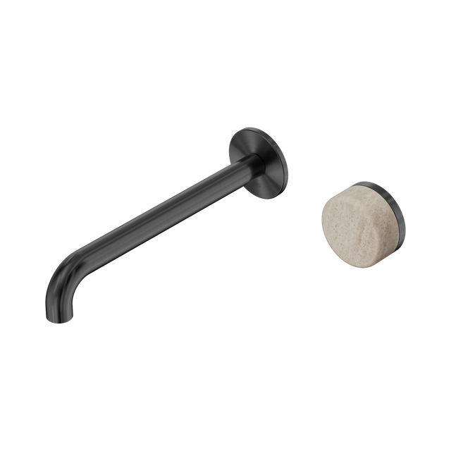 An image of Nero Tapware's Serenity Progressive Wall Basin Mixer 220mm Spout With Rome Travertine Handle Gun Metal