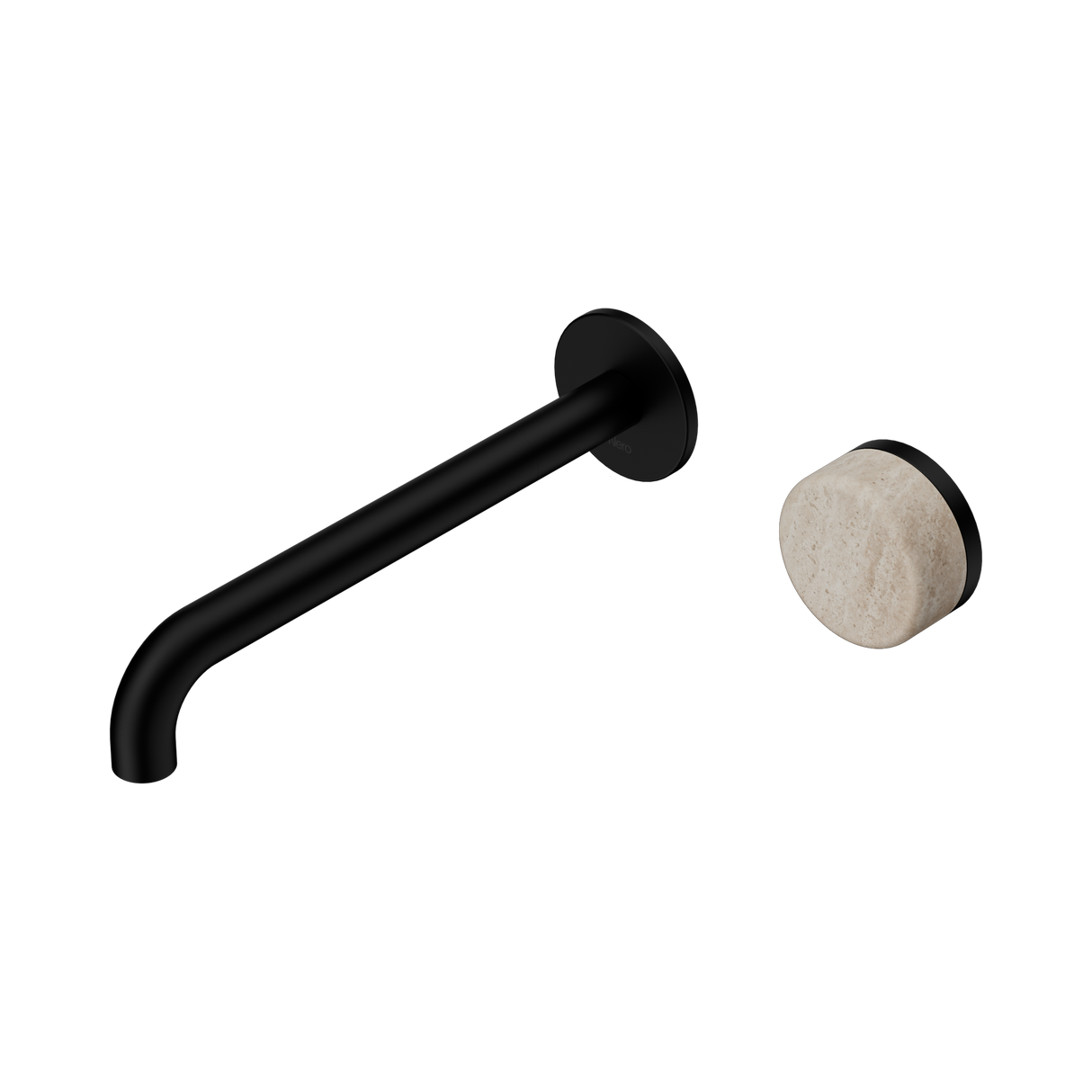 An image of Nero Tapware's Serenity Progressive Wall Basin Mixer 220mm Spout With Rome Travertine Handle Matt Black