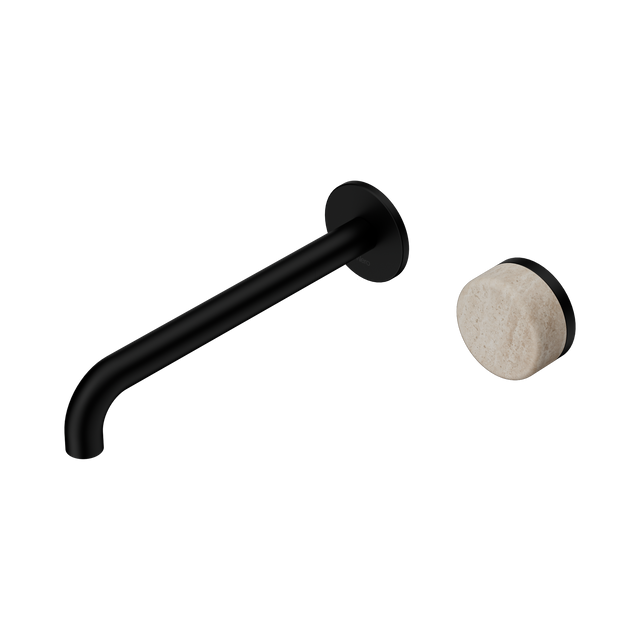 An image of Nero Tapware's Serenity Progressive Wall Basin Mixer 220mm Spout With Rome Travertine Handle Matt Black