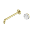 An image of Nero Tapware's Serenity Progressive Wall Basin Mixer 220mm Spout With Arabescato Corchia Handle Brushed Gold
