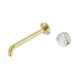 An image of Nero Tapware's Serenity Progressive Wall Basin Mixer 220mm Spout With Arabescato Corchia Handle Brushed Gold