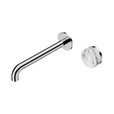An image of Nero Tapware's Serenity Progressive Wall Basin Mixer 220mm Spout With Arabescato Corchia Handle Chrome