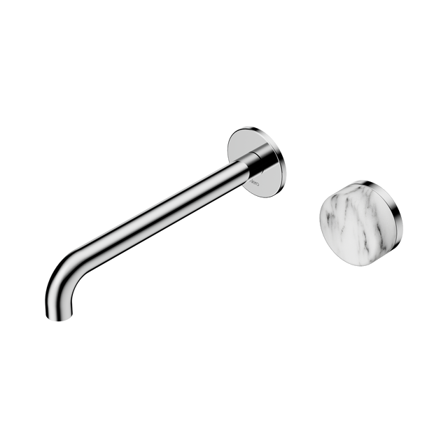 An image of Nero Tapware's Serenity Progressive Wall Basin Mixer 220mm Spout With Arabescato Corchia Handle Chrome